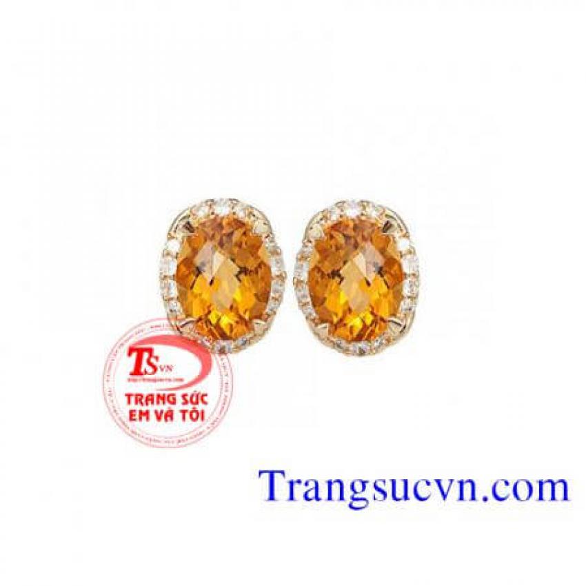 Hoa tai đá thạch anh vàng 14k