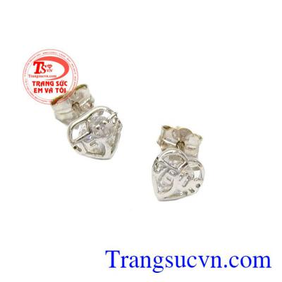 Hoa tai trái tim vàng trắng 18k hoa tai vàng trắng 18k, hoa tai đẹp, hoa tai vàng tây kim cương nhân tạo.