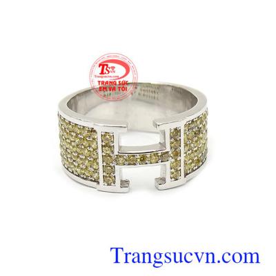 Nhẫn nam H vàng trắng dành cho nam đeo,Nhẫn nam hermes gắn đá thiên nhiên,Nhẫn nam H vàng trắng chất lượng đảm bảo uy tín,đẳng cấp cho nam đeo