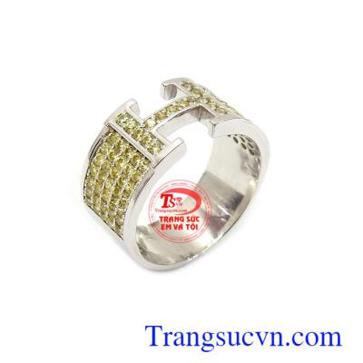 Nhẫn nam H vàng trắng dành cho nam đeo,Nhẫn nam hermes gắn đá thiên nhiên,Nhẫn nam H vàng trắng chất lượng đảm bảo uy tín,đẳng cấp cho nam đeo