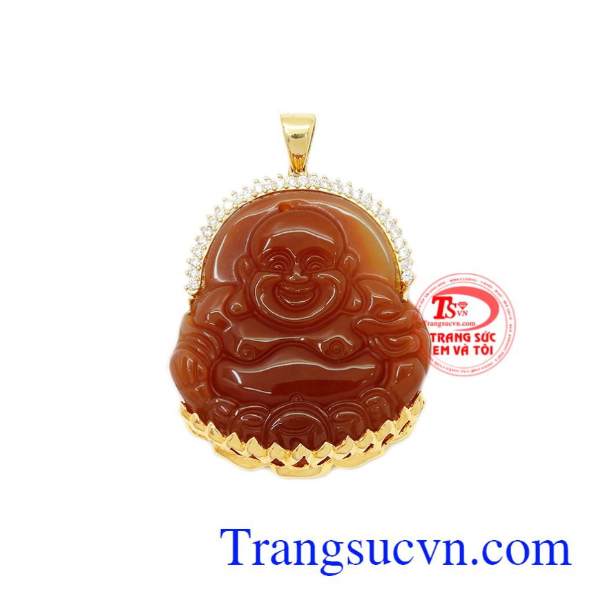 Phật di lặc đỏ mã não bọc vàng là sản phẩm được chế tác từ đá mã não thiên nhiên bọc vàng.
