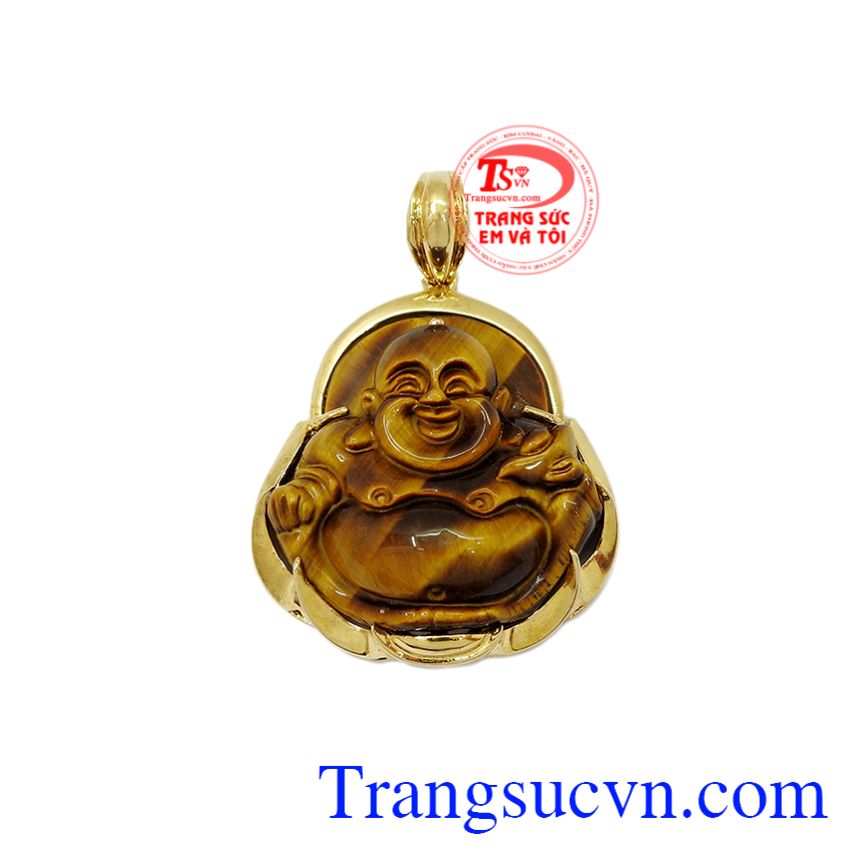 Phật vàng đá mắt hổ mệnh thổ là sản phẩm được chế tác từ đá mắt hổ thiên nhiên bọc vàng 10k.