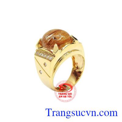 Nhẫn nam thạch anh tóc 14k đẹp được chế tác tinh xảo từ đá thạch anh tóc thiên nhiên,Nhẫn nam thạch anh tóc 14k đẹp