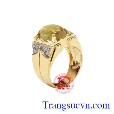 Nhẫn nam thạch anh tóc 14k nam tính bền đẹp, sang trọng, kiểu dáng độc đáo,Nhẫn nam thạch anh tóc 14k nam tính