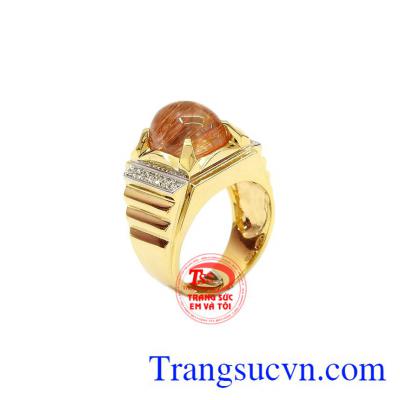 Nhẫn nam thạch anh tóc 14k mang phong cách trẻ trung, thời trang và nam tính,Nhẫn nam thạch anh tóc 14k