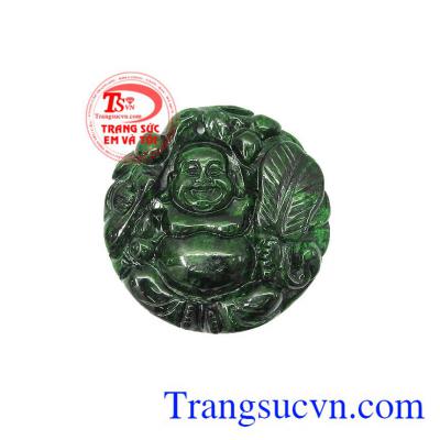 Mặt Jadeite di lặc cầm quạt ba tiêu được chế tác từ ngọc cẩm thạch thiên nhiên, có giấy kiểm định,Mặt Jadeite di lặc cầm quạt ba tiêu