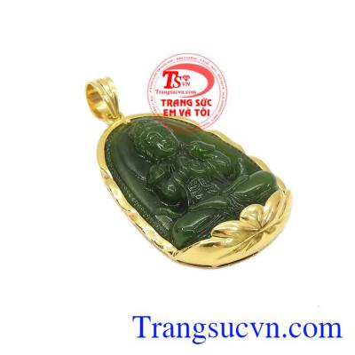 Mặt phật nepherite tuổi mùi-tuổi thân được chế tác từ ngọc cẩm thạch thiên nhiên và vàng tây 14k sáng bóng.