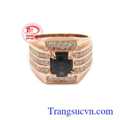 Nhẫn nam vàng hồng sapphire may mắn vàng 14k bền đẹp, chất lượng, sapphire thiên nhiên cao cấp