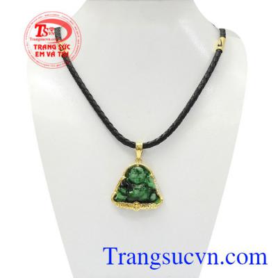 Bộ mặt dây Di Lặc Jadeite là sự kết hợp giữa mặt phật Di Lặc bọc vàng và dây da bọc vàng.