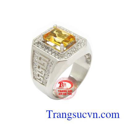 Nhẫn bạc nam thạch anh vàng cá tính màu sắc đẹp, chất lượng cao, gắn đá thạch anh vàng thiên nhiên cao cấp