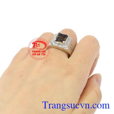 Nhẫn nam bạc thạch anh ám khói thiên nhiên.