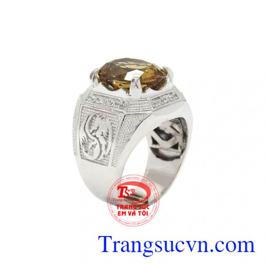 Nhẫn nam bạc thạch anh vàng khói