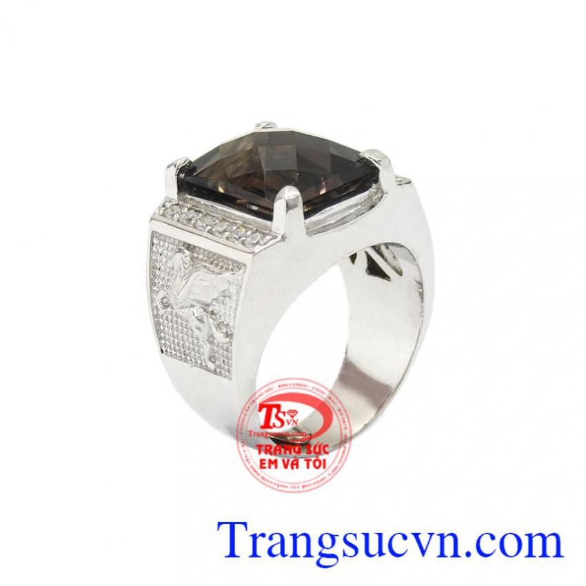 Nhẫn nam bạc thạch anh khói đẹp
