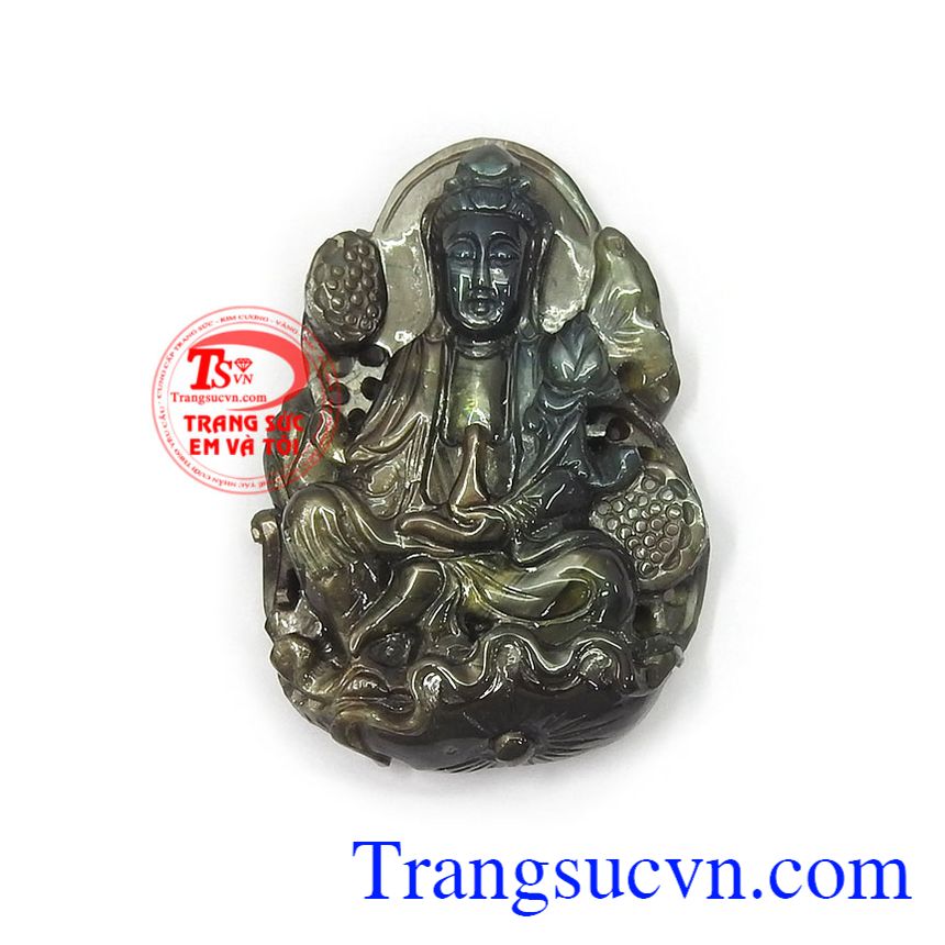 Phật Quan Âm Sapphire bình an chạm khắc tinh xảo, sắc nét, chất lượng đá cao cấp