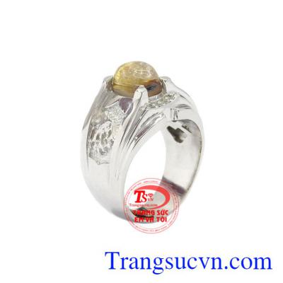 Nhẫn nam bạc thạch anh tóc được chế tác từ đá thạch anh tóc thiên nhiên, chất lượng.