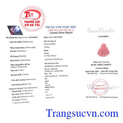 Giấy kiểm định từ trung tâm ngọc học