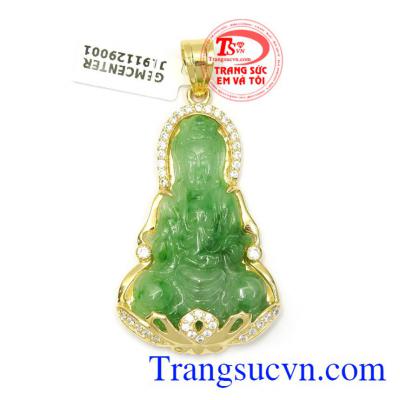 Mặt phật bà cẩm thạch an yên bọc vàng 14k chạm khắc đẹp, chất lượng ngọc đảm bảo
