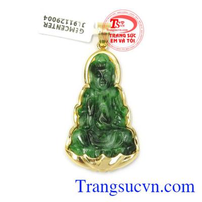 Mặt Quan Âm may mắn tài lộc ngọc cẩm thạch thiên nhiên bọc vàng 14k chạm khắc đẹp, chất lượng cao