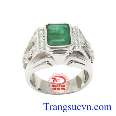 Nhẫn nam Emerald may mắn vàng trắng 14k chế tác công nghệ 3D cao cấp, đường nét tinh xảo, sắc nét