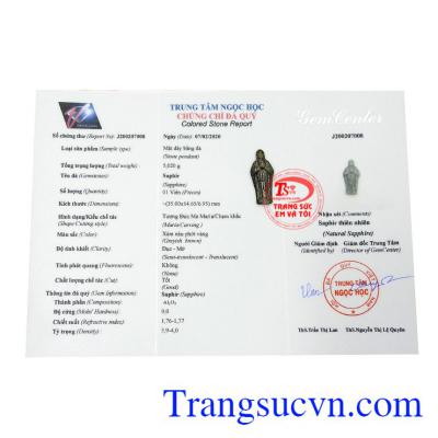 Mặt saphir Đức mẹ cầu nguyện có giấy kiểm định đá quý.