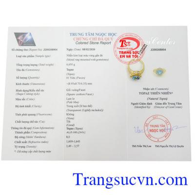 Giấy kiểm định Nhẫn nữ topaz an lành