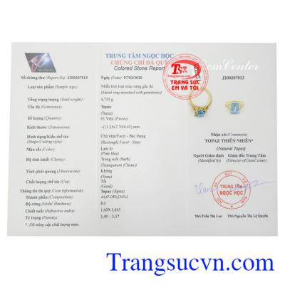 Giấy kiểm định Nhẫn nữ vàng topaz sang trọng