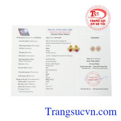 Hoa tai ruby nữ hoàng có giấy kiểm định đá quý.