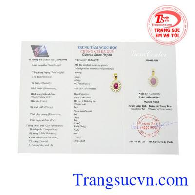 Mặt dây ruby nữ hoàng có giấy kiểm định đá quý, bảo hành chu đáo, giao hàng toàn quốc.