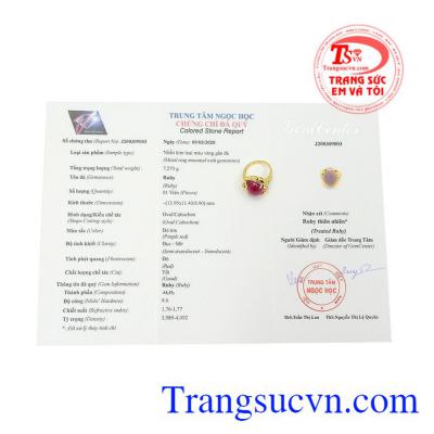Nhẫn nữ ruby rực rỡ có giấy kiểm định đá quý, giao hàng toàn quốc.