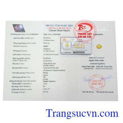 Sapphire vàng thiên nhiên trung thực chất lượng cao, màu sắc đẹp, có giấy kiểm định đá quý đảm bảo.