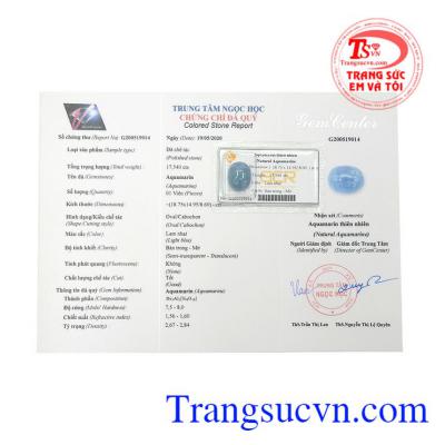 Aquamarin thiên nhiên sang trọng có giấy kiểm định đá quý. 