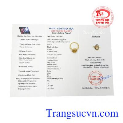 Sản phẩm có giấy kiểm định đá quý. Nhẫn nữ thạch anh vàng thịnh vượng