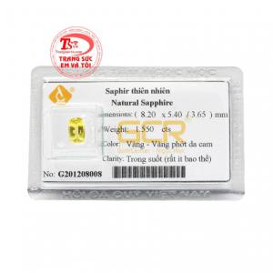 Saphir vàng ép vỉ hưng thịnh với kiểu dáng hình gối chữ nhật phù hợp làm mặt dây, nhẫn và lắc tay. 