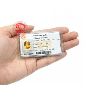 Viên saphir vàng bình an có giấy kiểm định đá quý uy tín đảm bảo.