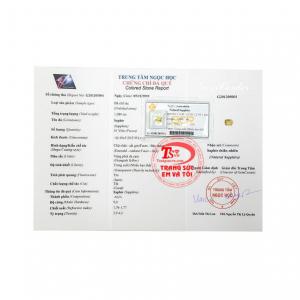 Viên saphir vàng thịnh vượng có giấy kiểm định đá quý.