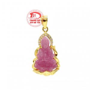 Mặt Phật bà ruby hạnh phúc bọc vàng 14k chạm khắc đẹp, chất lượng cao.
