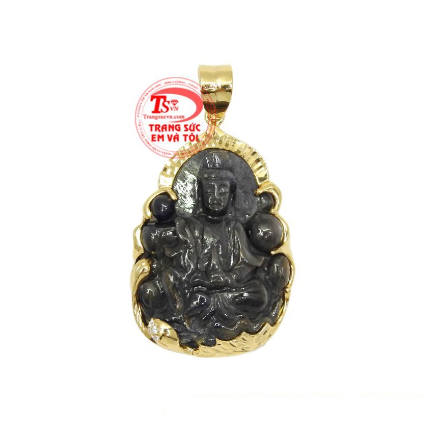 Mặt Phật Bà Sapphire Thịnh Vượng bọc vàng 14k chạm khắc đẹp, chất lượng cao.