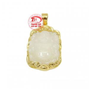 Mặt Phật Di Lặc Sapphire Cát Tường bọc vàng 14k đường nét chế tác tinh xảo, độc đáo.